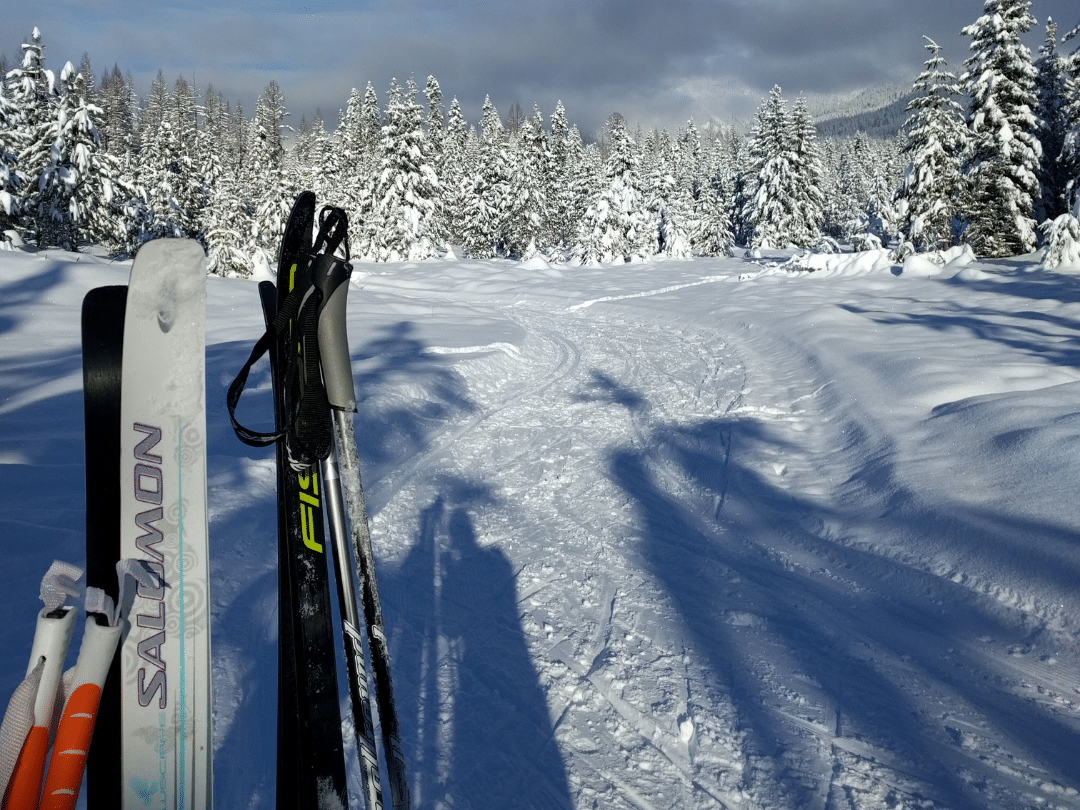cross country skis on a snowy path